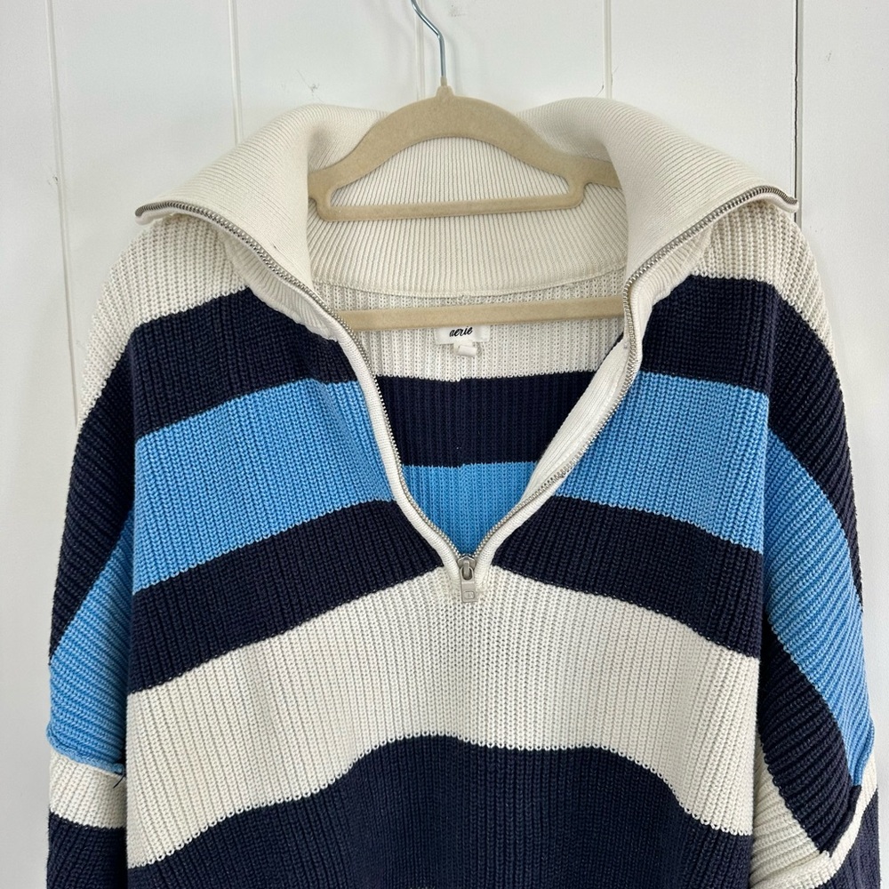 Aerie Striped Turtleneck Sweater Navy, Light Blue and White - Picture 2 of 5